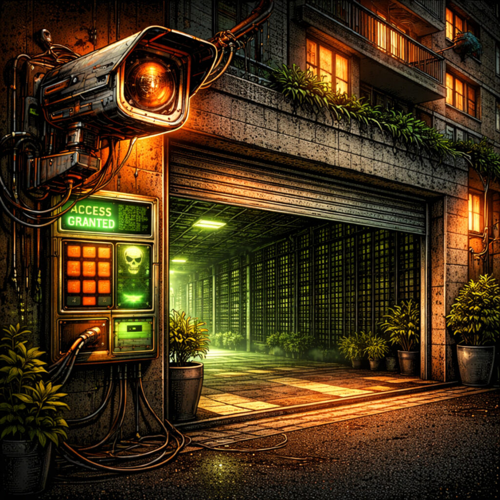 Ilustração vibrante em tons de preto e laranja e no estilo cyberpunk. Uma câmera de CFTV e um painel de acesso a um portão de garagem de prédio aparentam estar comprometidos, pois o portão está aberto e o painel escreve access granted e desenha uma caveira com sorriso malígno.